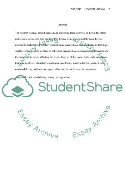 Critical Analysis of a Research Article-Driving Behavior of Licensed and Unlicensed Teeagers