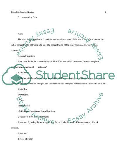 Factors affecting the rate of a chemical reaction The kinetics of a Thiosulfate Solution