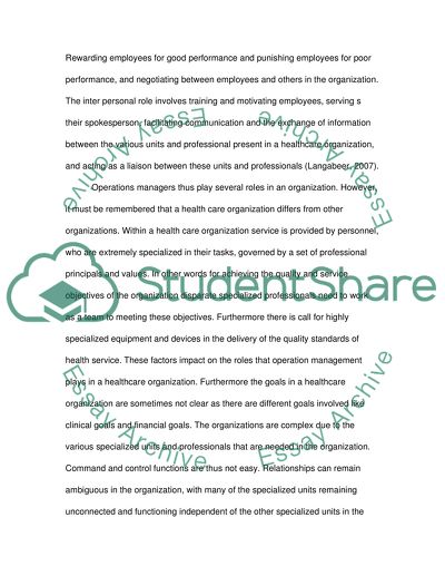 Health care operations management roles and goals