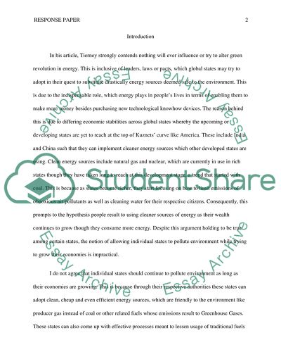 Response of Tierneys Article about Green Revolution in Energy