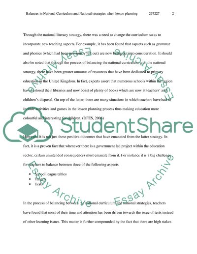 Balances in National Curriculum and National Strategies When Lesson Planning