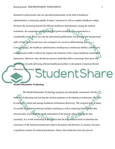 Health Information Technology and Job Profession Assignment