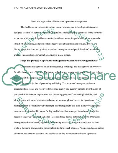 Goals and Approaches of health care operations management