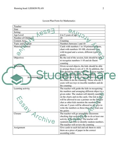 Implementation of the Mathematics Lesson for a Preschool Class for six Children between 4 to 5 years