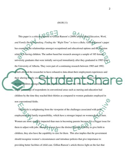 A Critical Response to Gillian Ransons Article about Right Time to Have a Baby