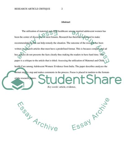 Critique of Assessing the Utilization of Maternal and Child Health Care among Married Adolescent Women