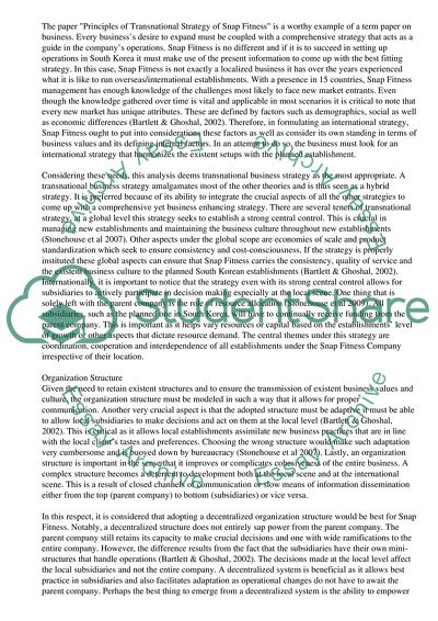 Principles of Transnational Strategy of Snap Fitness