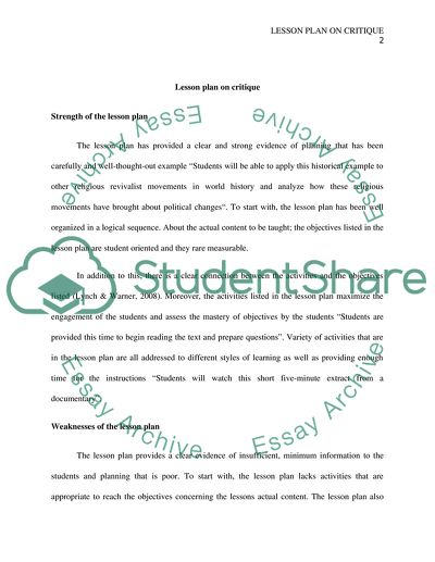 Lesson plan on critique