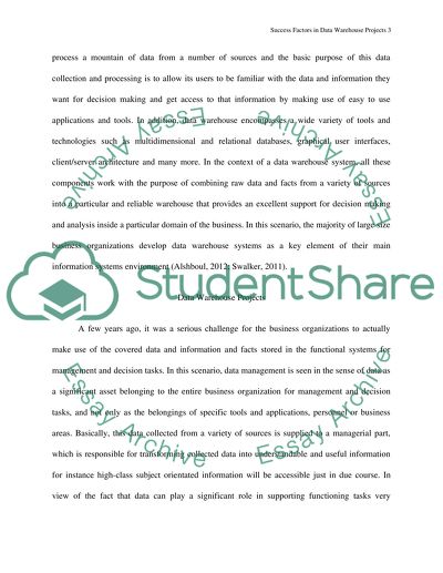 SUCCESS FACTORS IN DATA WAREHOUSE PROJECTS