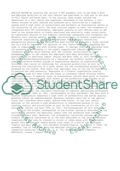 Work and Employee Relations in the call centre