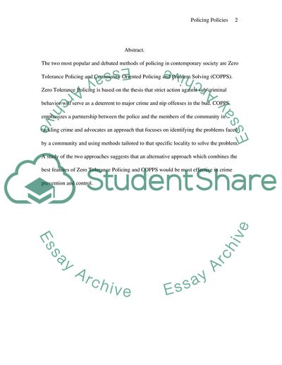Policing Policies: Zero Tolerance Policing as Opposed to Community Oriented Policing and Problem Solving
