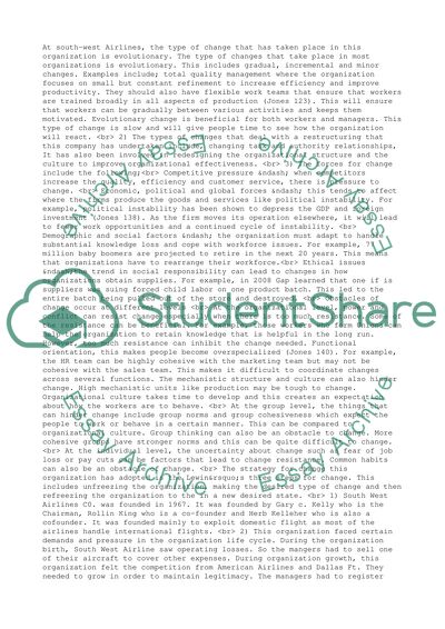 Changes in South West Airlines