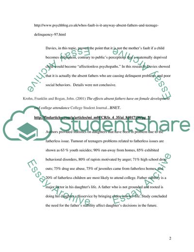 The Effects of Adolescent Females Reared Fatherless