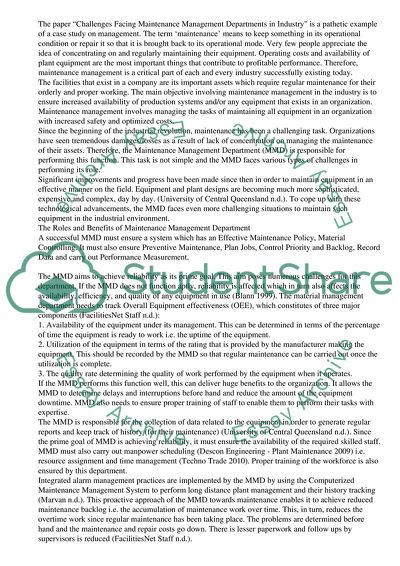 Challenges Facing Maintenance Management Departments in Industry