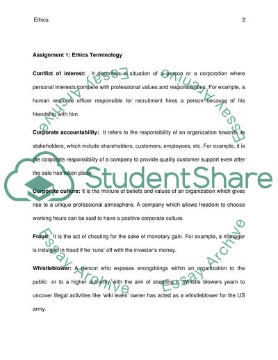 Assignment 1: Ethics Terminology, Assignment 2: Ethics Case Study