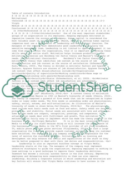 Leadership and motivation in Virgin Media