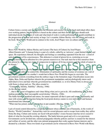 The Basis of Culture Brave New World by Aldous Huxley and Leisure by Josef Pieper