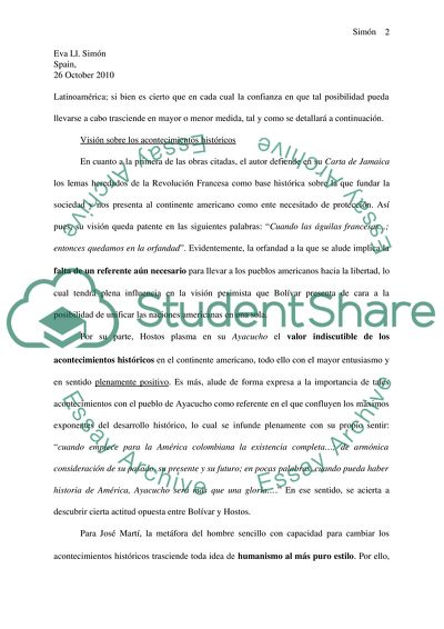 Spanish. Critical analisis of the readings: Bolivar, Marti & Hostos