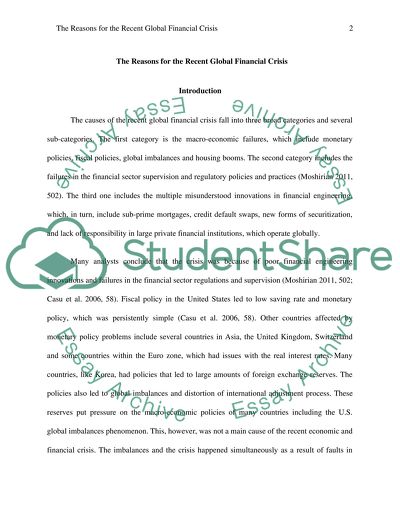 The Reasons for the Recent Global Financial Crisis