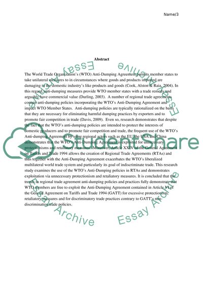 Study of Anti-Dumping by a Regional Trade Agreement