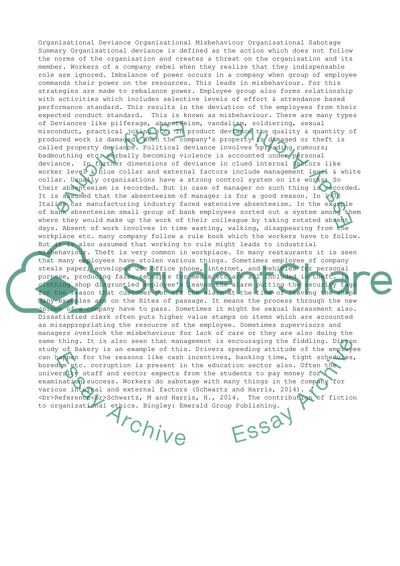 Organisational Deviance/Organisational Misbehaviour/Organisational Sabotage