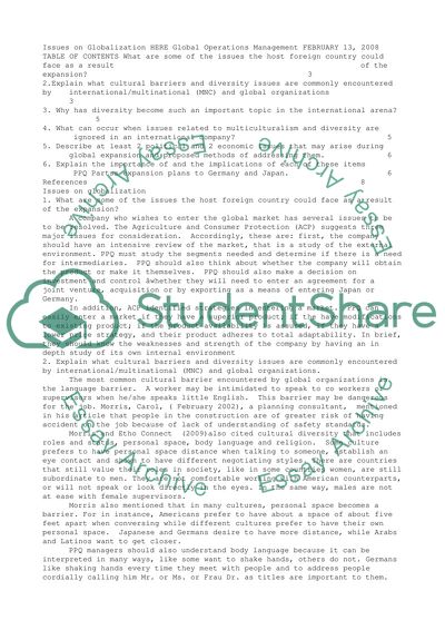 Global Operations Management and the Agriculture and Consumer Protection