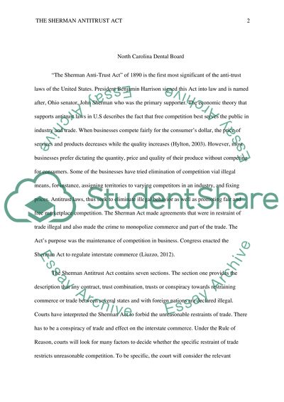 The Sherman Antitrust Act regarding North Carolina Dental Board