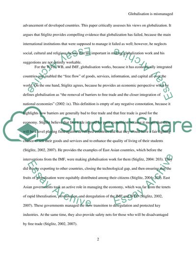 Globalization is Mismanaged: A Critique of Stiglitzs Views on Globalization