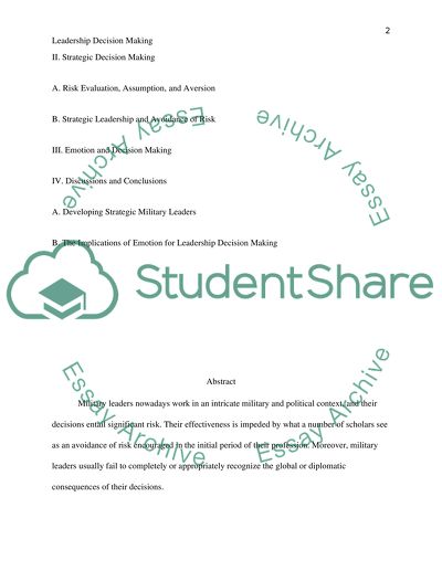 The Effect of Risk Aversion and Emotion on Leadership Decision Making