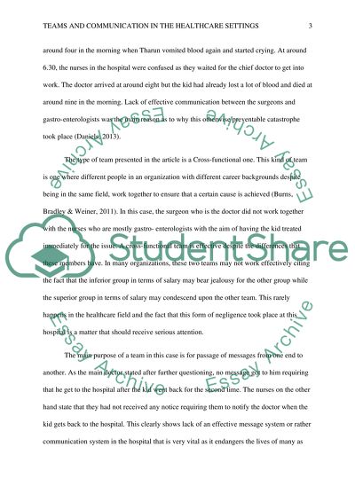 Teams and Communication in the Health Care Settings