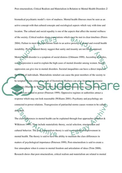 Post-structuralism, Critical Realism and Materialism in Relation to Mental Health Disorders