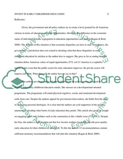 Article #3 Invest in Early Childhood Education-By Sharon Lynn Kagan/Jeannel Reid