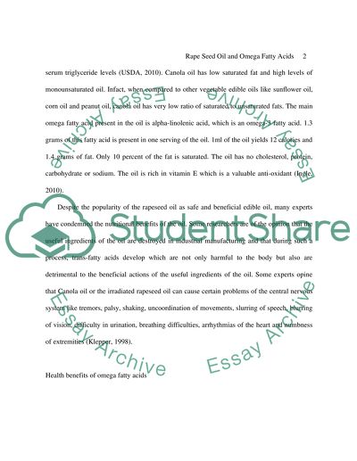 Nutritional Quality of Rapeseed Oil and Health Benefits of Omega Fatty Acids