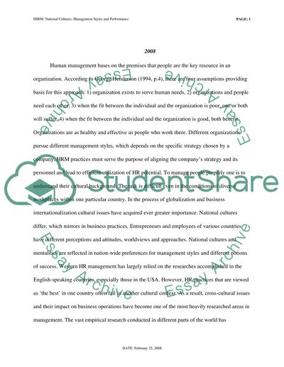 National Cultures, Management Styles, and Performance