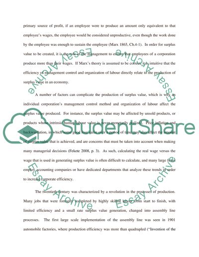Relationship Between Management Control, and the Production of Surplus Value