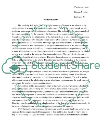 Article Review: Addressing School-Community Relations in a Cross-Cultural Context by Agbo