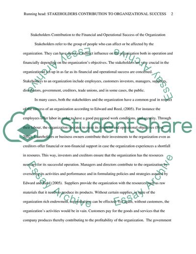 Stakeholders Contribution to the Financial and Operational Success of the Organization