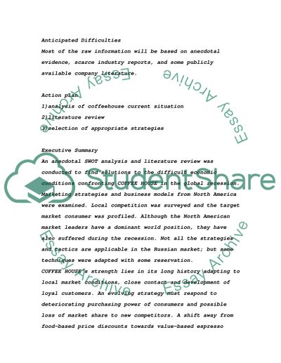 Adjustments to Prices for COFFEE HOUSE Restaurant in Moscow during the Recession