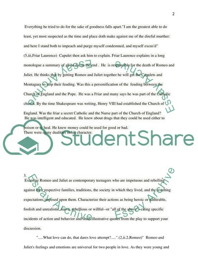 Questions about Romeo and Juliet Play by Shakespeare