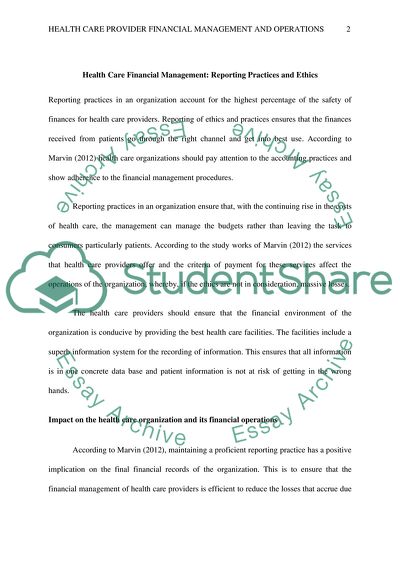 Health Care Financial Management: Reporting Practices and Ethics by Marvin