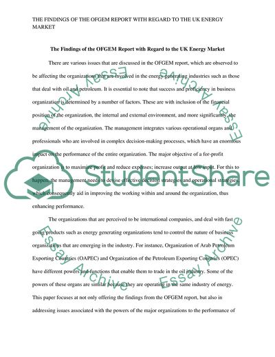 The Findings of the OFGEM Report with Regard to the UK Energy Market