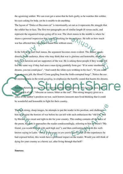 Sample Essays High School Wilfred Owens Dulce Et Decorum Est Essays About Health Care also Personal Essay Thesis Statement Wilfred Owens Dulce Et Decorum Est Essay Example Topics And Well Science Essay Examples