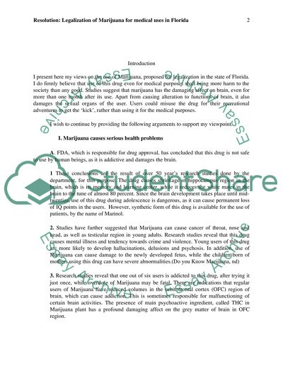 Resolution: Legalization of Marijuana for Medical Uses in Florida