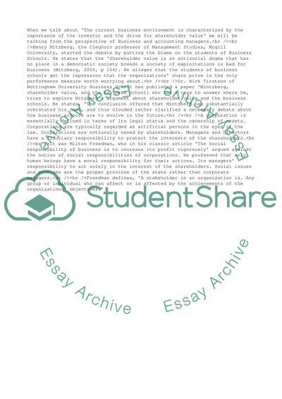 Current Business Environment Is Characterised by the Importance of the Investor