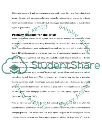 Causes of the Current Crisis in the Financial Markets