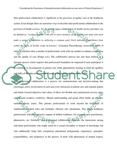 Considering the Experience of Inter-Professional Collaboration in Your Area of Clinical Experience