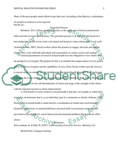 Mental Health Counseling Field (Social Work perspective)