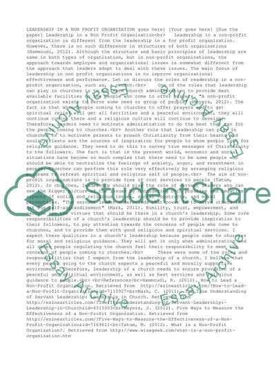 What do you expect from leadership in a Non profit organization such as a Church