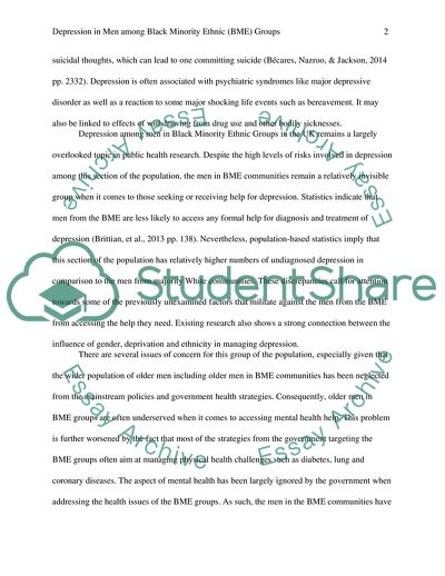 Depression in Men among Black Minority Ethnic Groups