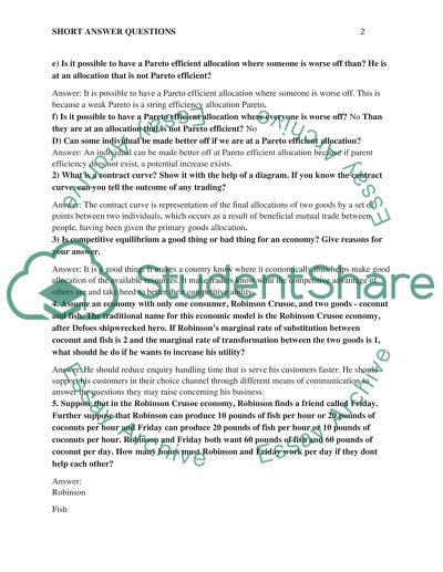 Short Answer Questions: Pareto Efficiency